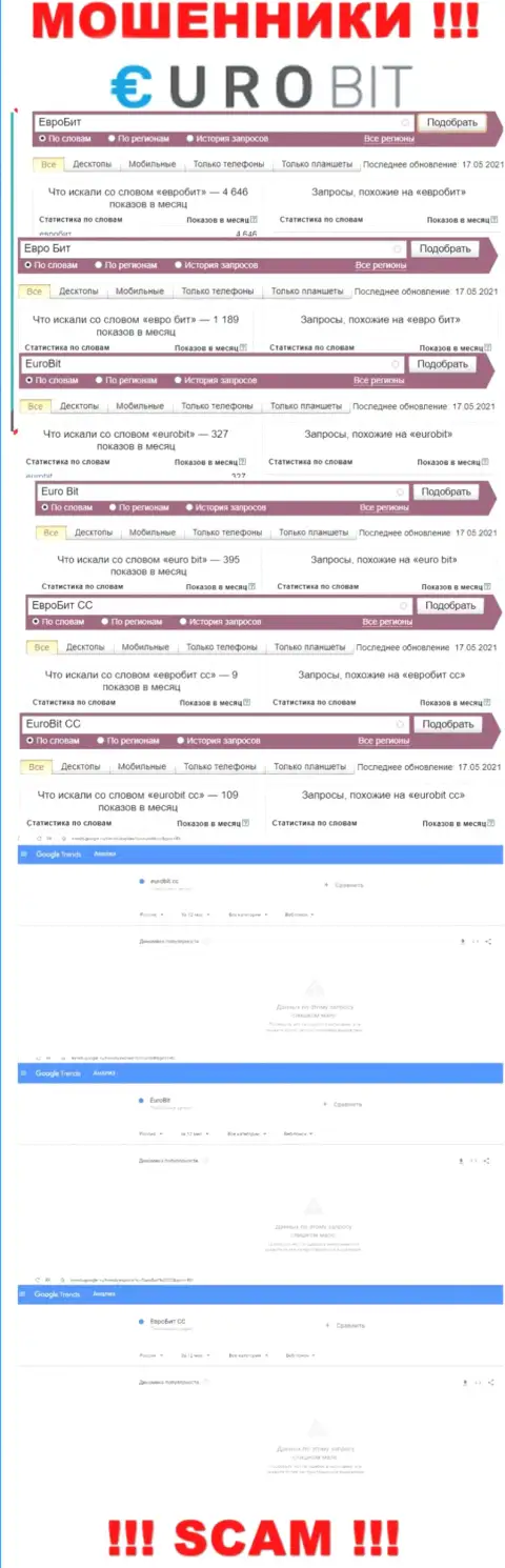 Как часто интересовались мошенниками EuroBit CC в поисковиках всемирной сети Интернет ?