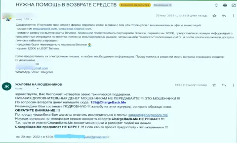 Противоправно действующая компания ЭндурансЭнтеррисес вложенные денежные средства не возвращает, о этом заявляет создатель жалобы