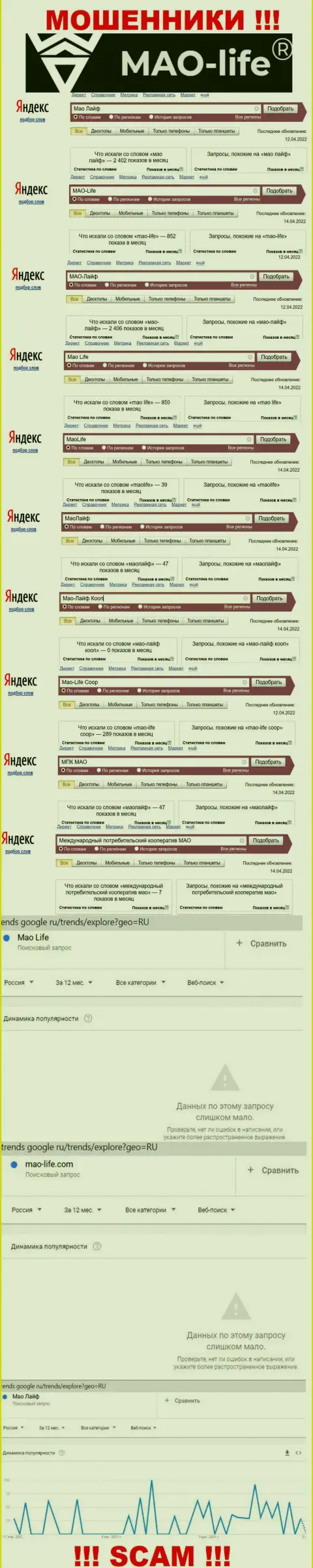 Статистические показатели онлайн-запросов по бренду мошенников Мао Лайф