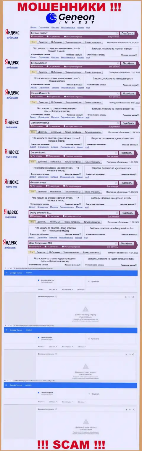 Статистика онлайн-запросов по мошенникам GeneonInvest Co во всемирной интернет сети